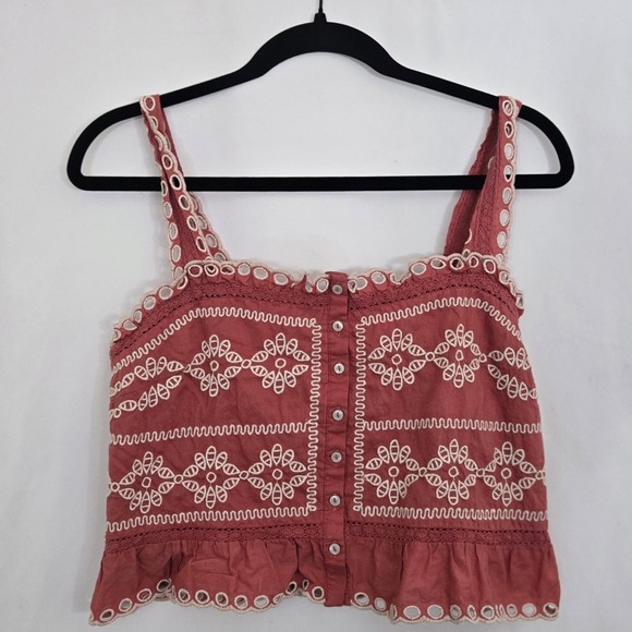 American Eagle Crop Top Womens Small Rust Terracotta Eyelet Smocked Button Front - Picture 2 of 9
